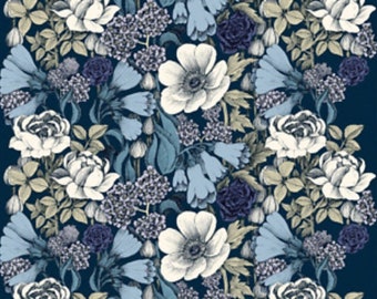 May include: A seamless pattern featuring a variety of flowers in shades of blue, white, and green on a dark blue background. The flowers include roses, anemones, and bellflowers.