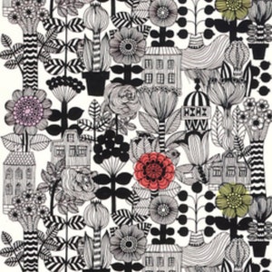 Tela de algodón Marimekko Lintukoto, vendida por media yarda, color negro, blanco, amarillo y rojo, Finlandia