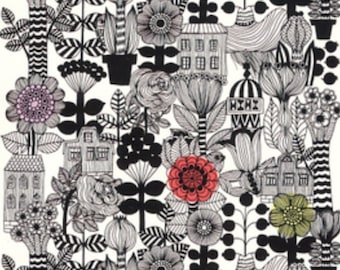 Tela de algodón Marimekko Lintukoto, vendida por media yarda, color negro, blanco, amarillo y rojo, Finlandia