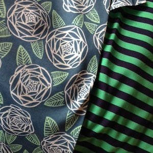 Marimekko Raita eller blommig jersey, Finland halvmeter, blå och grön, stort tryck