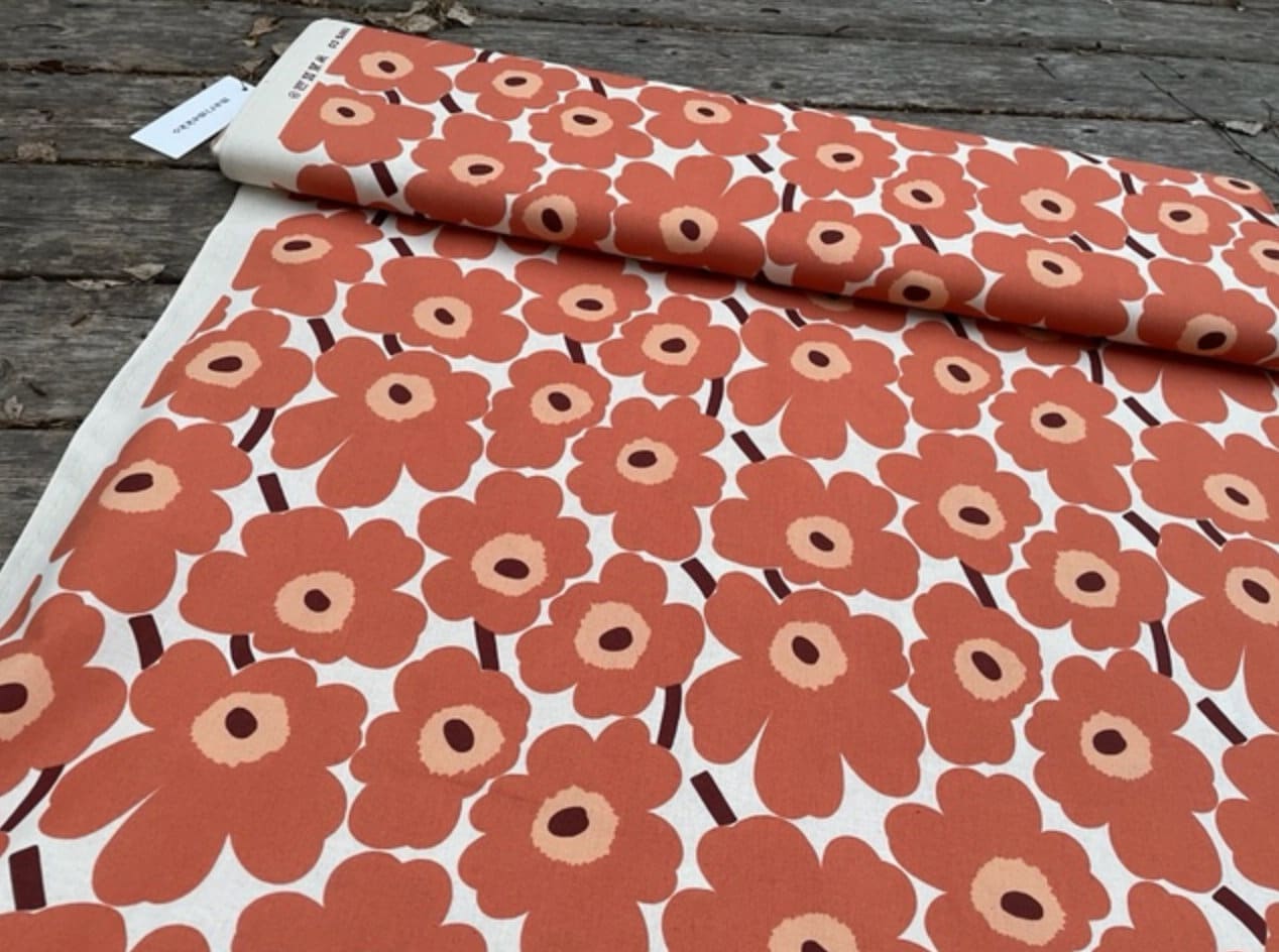 Marimekko Mini Unikko Cotton Fabric, Toffee Orange and Beige, Sold