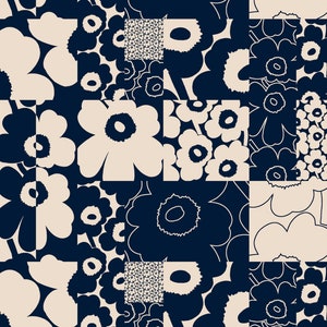 Marimekko Kollaasi Unikko tela pesada de lino /algodón, vendida por media yarda, de Finlandia, azul marino oscuro y blanquecino