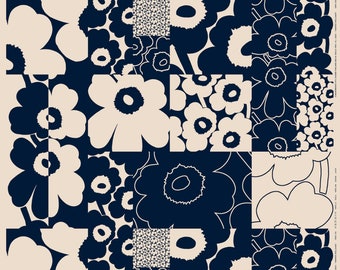 Marimekko Kollaasi Unikko schwerer Leinen-/Baumwollstoff, 1 Yard, aus Finnland, dunkelblau und gebrochenes Weiß