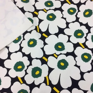 Marimekko VERY heavy tote bag canvas material fabric, Mini Unikko in white, green, yellow and black, Finland, sold by half yard