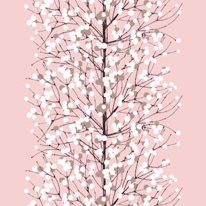 May include: A vertical illustration featuring a tree branch with white and beige berries against a pale pink backdrop. The branches are dark brown, and the berries are arranged along the stems. The design is simple and elegant.
