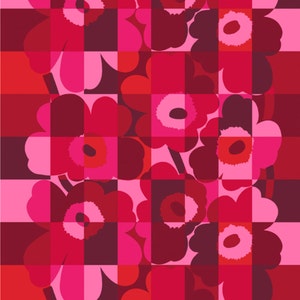 Marimekko Ruutu-Unikko SATIN cotton fabric , thick heavy fabric, pink red