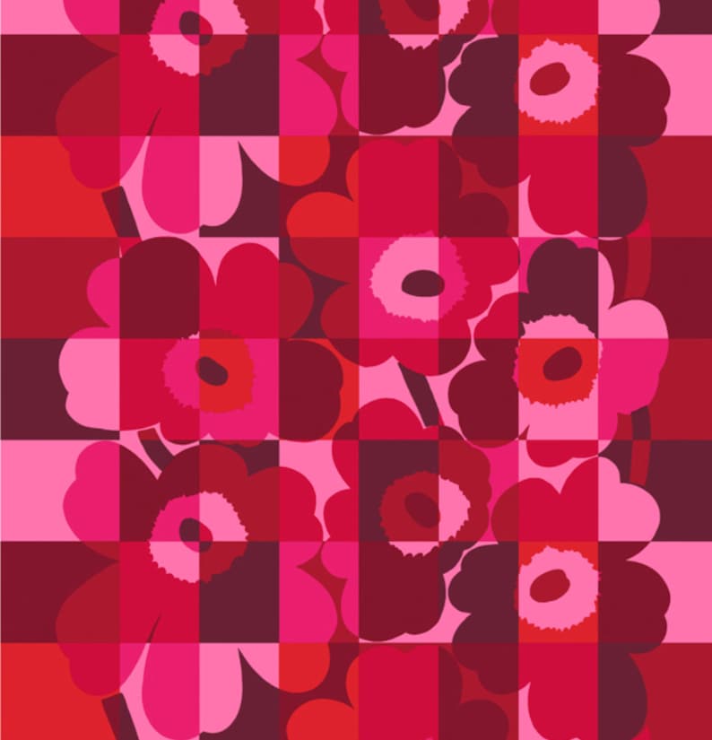 Marimekko Ruutu-Unikko SATIN cotton fabric ,sold by half yard, thick heavy fabric, pink red 