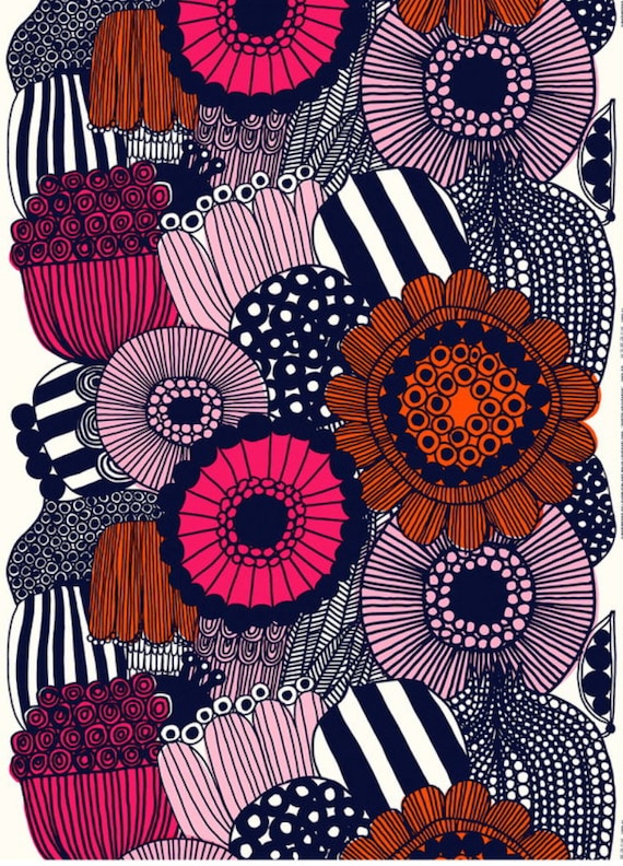 Marimekko Siirtolapuutarha heavy weight cotton fabric, sold by half yard,  pink red orange, Finland