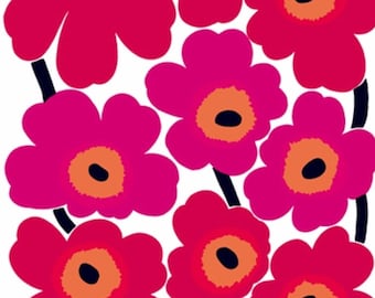 May include: A repeating pattern of large, stylized flowers in shades of red and pink, with orange centers and black accents. The floral design is set against a white background, creating a bold and vibrant aesthetic.