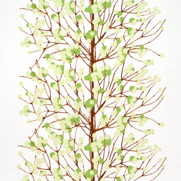 Tkanina bawełniana Marimekko Lumimarja, sprzedawana na pół jarda, zielono-biała, na obrusy, poszewki na poduszki itp. Finlandia