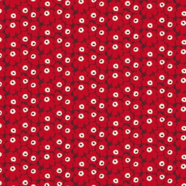 Tela de algodón Marimekko Mini Unikko, vendida por medio patio, rojo sobre burdeos