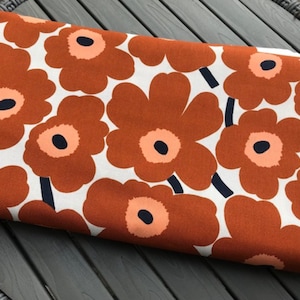 Marimekko Mini Unikko cotton fabric, sold by half yard, Brick Brown Orange ,dark blue, white