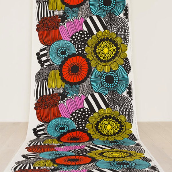 Marimekko Siirtolapuutarha cotton fabric, sold by half yard, yellow red blue