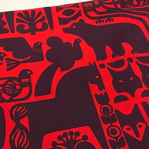 Marimekko red and plum Kanteleen Kutsu fabric, sold by half yard, gorgeous animal print