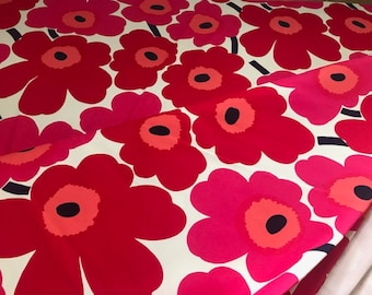 Marimekko Pieni Red Pink Unikko light upholstery grade canvas fabric by yard, for upholstering benches, floor pillows, jackets coats etc.