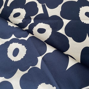 Marimekko Pieni Unikko cotton fabric piece, by half yard, 18x56",  Maija Isola navy blue, soft white, Finland