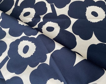 Marimekko Pieni Unikko acrylic COATED cotton fabric piece, by half yard, 18x56",  Maija Isola navy blue, soft white, Finland