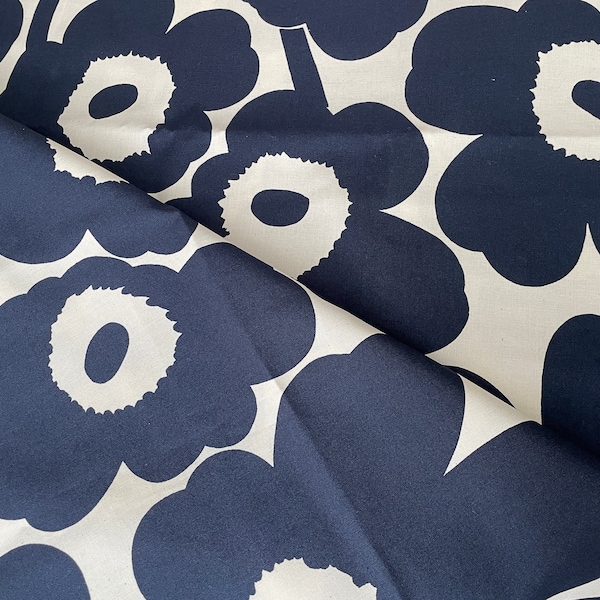 Marimekko Pieni Unikko cotton fabric piece, by half yard, 18x56",  Maija Isola navy blue, soft white, Finland