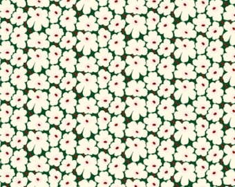 May include: A repeating pattern of small white flowers with red centers on a dark green background. The flowers are evenly spaced, creating a dense floral design. The overall effect is a classic, vintage-inspired print.