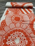 Marimekko 100% linen fabric Siirtolapuutarha, orange and beige,  sold by half yard, 18" x 56", Finland product logo