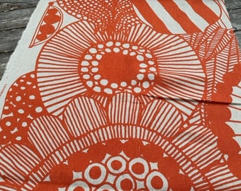 Marimekko 100% linen fabric Siirtolapuutarha, orange and beige,  sold by half yard, 18&quot; x 56&quot;, Finland