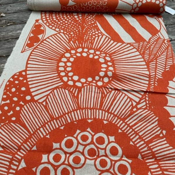 Marimekko 100% tkanina lniana Siirtolapuutarha, pomarańczowa i beżowa, sprzedawana na pół metra, 18" x 56", Finlandia