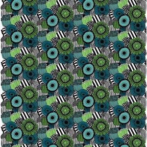 May include: A repeating pattern of stylized flowers in shades of green, teal, and black on a white background. The floral design includes striped and dotted elements, creating a textured and layered effect. The overall aesthetic is modern and botanical.