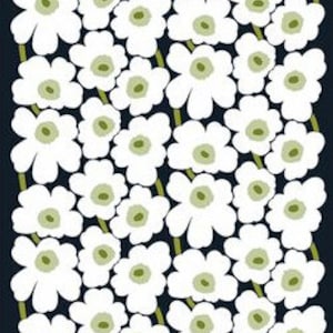 Marimekko Blanco sobre tela de algodón Pieni Unikko negro, media yarda, para almohadas, bolsos, delantales, etc. Finlandia