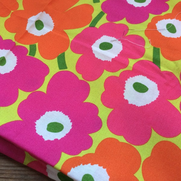 Small Marimekko Mini Unikko fabric piece, Maija Isola lime green, pink, orange, Finland