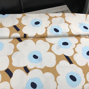 Marimekko Pieni Unikko Beige White Gold Blue  cotton fabric, half yard, 58" wide