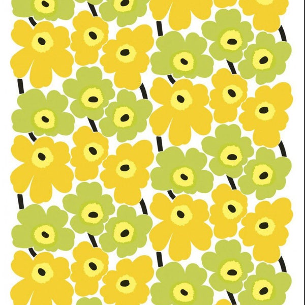 Marimekko OIL CLOTH, Tissu enduit Pieni Unikko jaune vert lime, vendu par demi-verge, 18x56 », Finlande