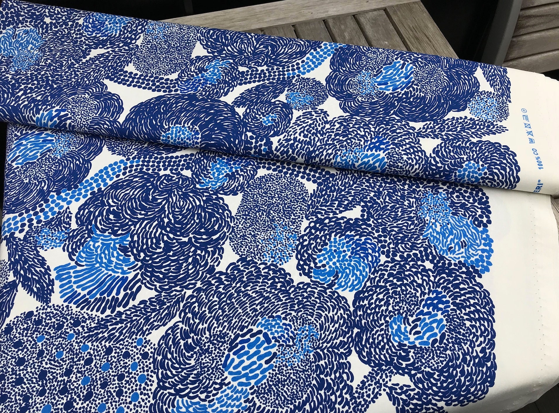Marimekko Mynsteri Cotton Fabric, Gorgeous Blue Print by Aino