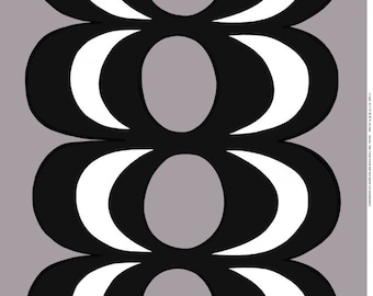 May include: Abstract geometric pattern featuring stacked black, white, and gray shapes. The design consists of repeating, stylized oval forms, creating a symmetrical and visually striking composition. The background is a solid, muted gray.