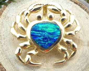 Nautical Opal Inlay Crab Pendant 14K Yellow Gold