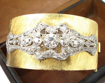 Chic Magnifique 4.00 ctw European Diamond Edwardian Platinum & 14k Yellow Gold Vintage Bangle Bracelet Upcycled