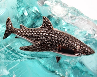 Custom Black Diamond .84 Carat Shark Fish Pendant 14k White Gold