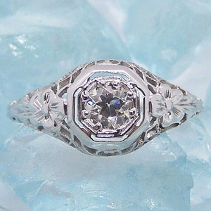 Edwardian Early 1900's 0.26 ct European Diamond Solitaire Engagement Ring 14k White Gold Floral Filigree