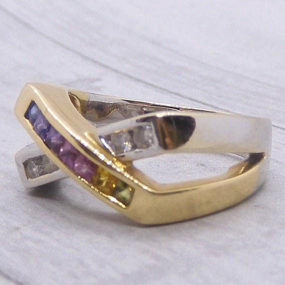 Colorful Rainbow Sapphire and Diamond X Ring .54 … - image 2