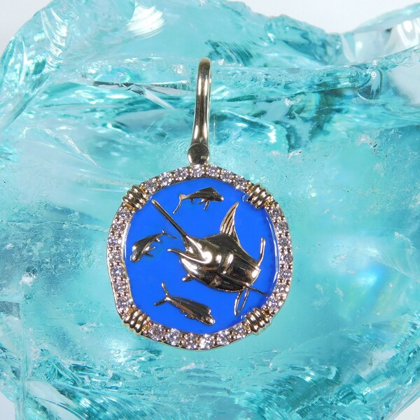 Custom Marlin & Mahi-mahi Sport Fish Pendant 14K Gold with .606ctw Diamonds and Blue Enamel