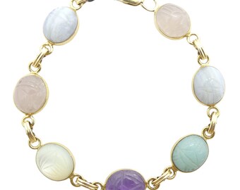 Vintage Pastel Scarab Bracelet 14K Yellow Gold - Rose Quartz, Blue Lace Agate, Amazonite, Amethyst, & Mother of Pearl
