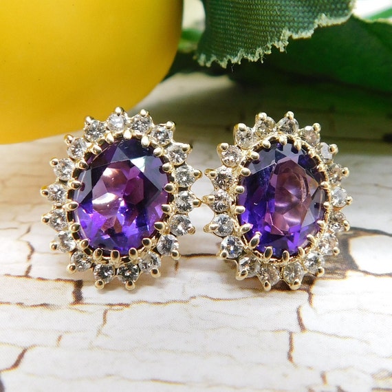 Regal 4.12ctw Amethyst & Diamond Stud Earrings 14… - image 1