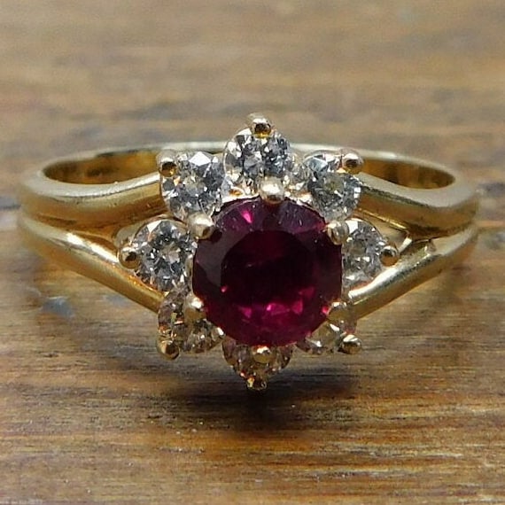1.13 ctw Created Ruby and Faux Diamond Halo Ring … - image 1