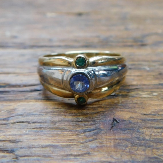 14k Gold Two-Tone .20 ctw Iolite and Emerald Ring - image 1