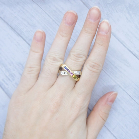 Colorful Rainbow Sapphire and Diamond X Ring .54 … - image 6