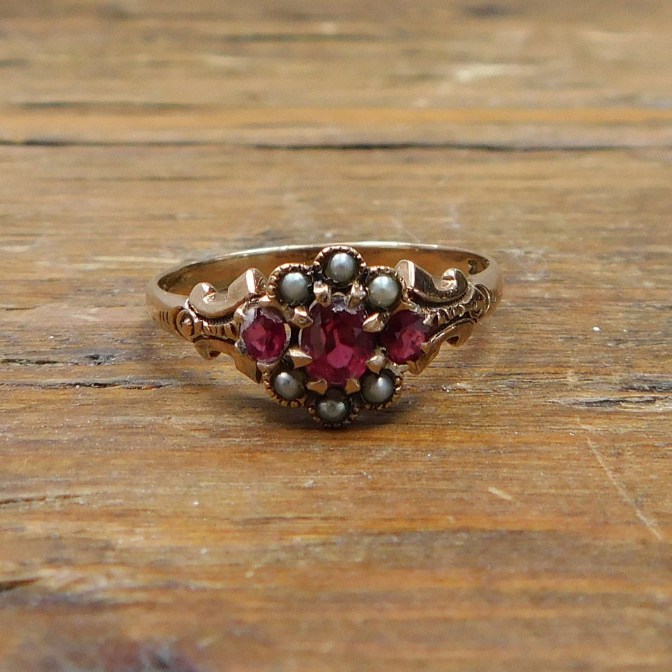 Victorian Ring Ruby & Seed Pearl 10K Rose Gold | Etsy