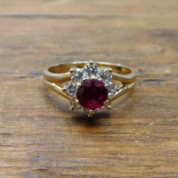 1.13 ctw Created Ruby and Faux Diamond Halo Ring … - image 8