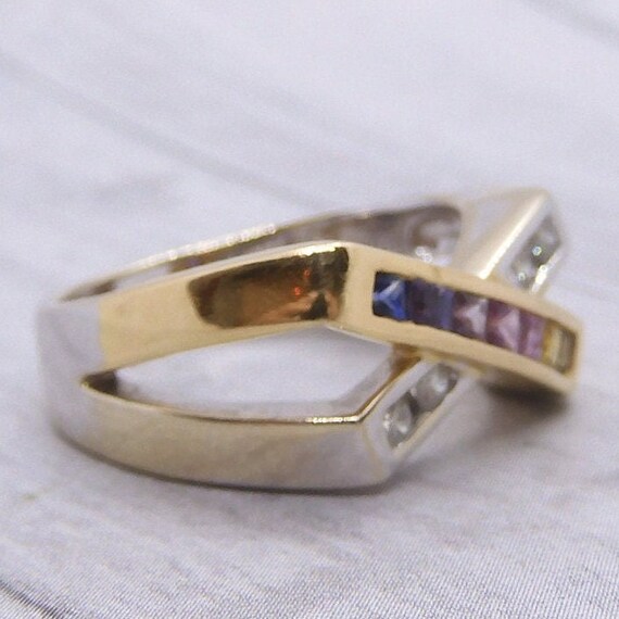 Colorful Rainbow Sapphire and Diamond X Ring .54 … - image 3