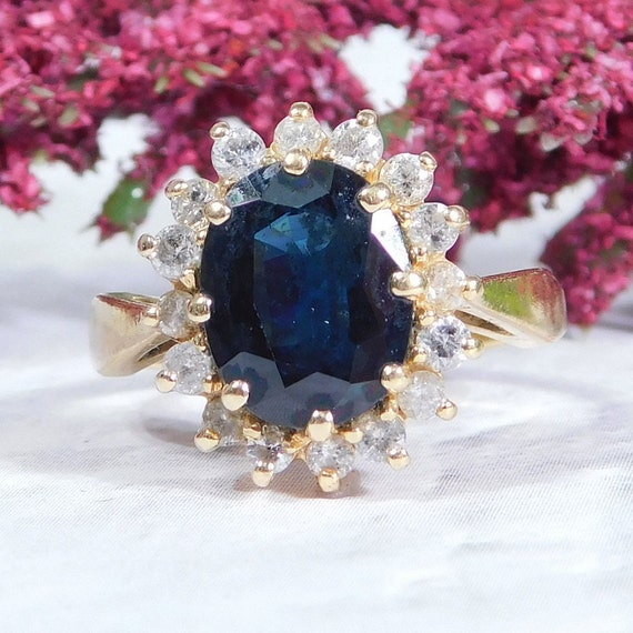 Royal 4.23ctw Sapphire & Diamond Halo Ring 14K Ye… - image 1