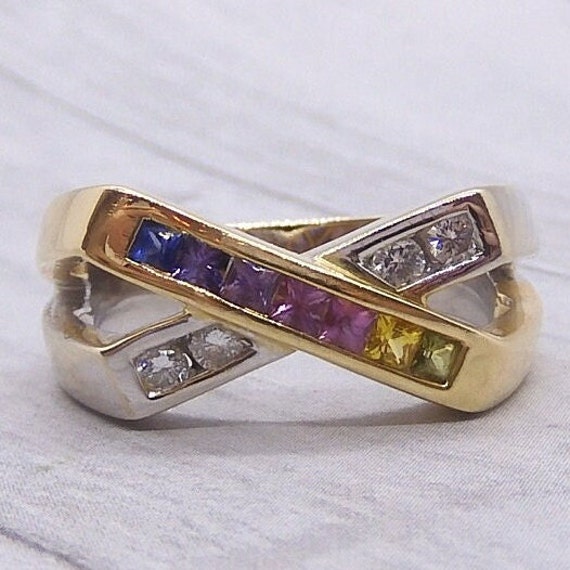 Colorful Rainbow Sapphire and Diamond X Ring .54 … - image 1
