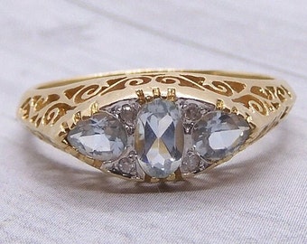 Aquamarine & Diamond Vintage Filigree Ring, Handcrafted 10K Gold